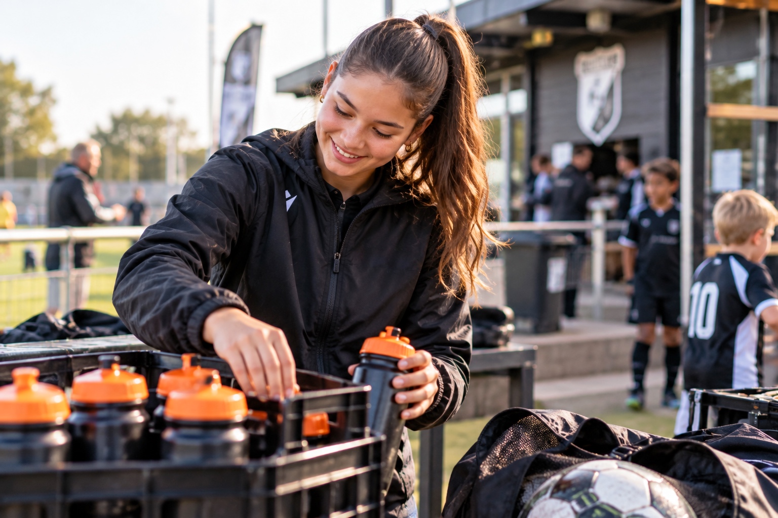 Glimlachende vrijwilligster bij een sportclub die drinkflessen met oranje dop uit een krat pakt